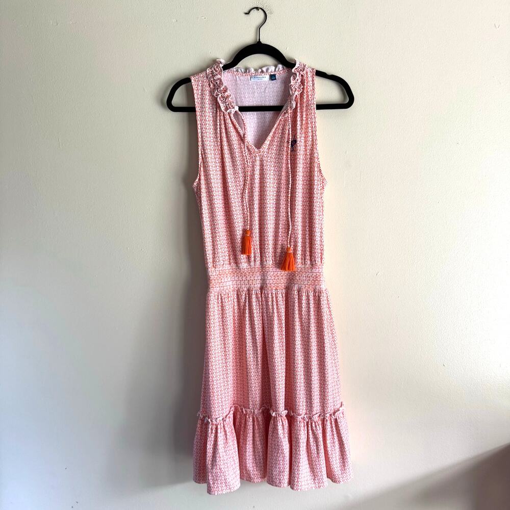 Cabana Life Orange + White Printed Ruffle Neck Ocean Reef Club Mini Dress Large